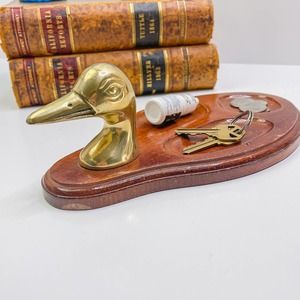 Vintage Wood and Brass Duck Dresser Valet Caddy | Divided Catchall